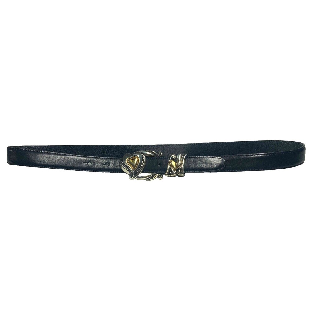 Vintage Brighton Black Leather Belt Silver Gold Mixed Metal Heart Buckle L